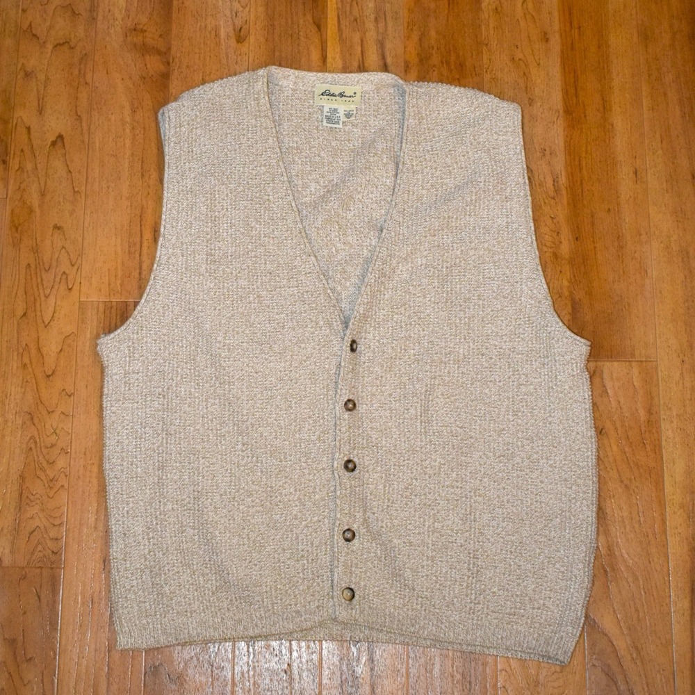 Eddie Bauer Sweater Vest Mens XL Tall Beige Cotton Knit Button Front Made In USA